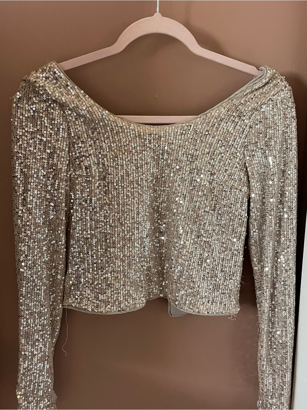 Anthropologie En Elly Sequin Long Sleeve Backless Crop Top Champagne Gold